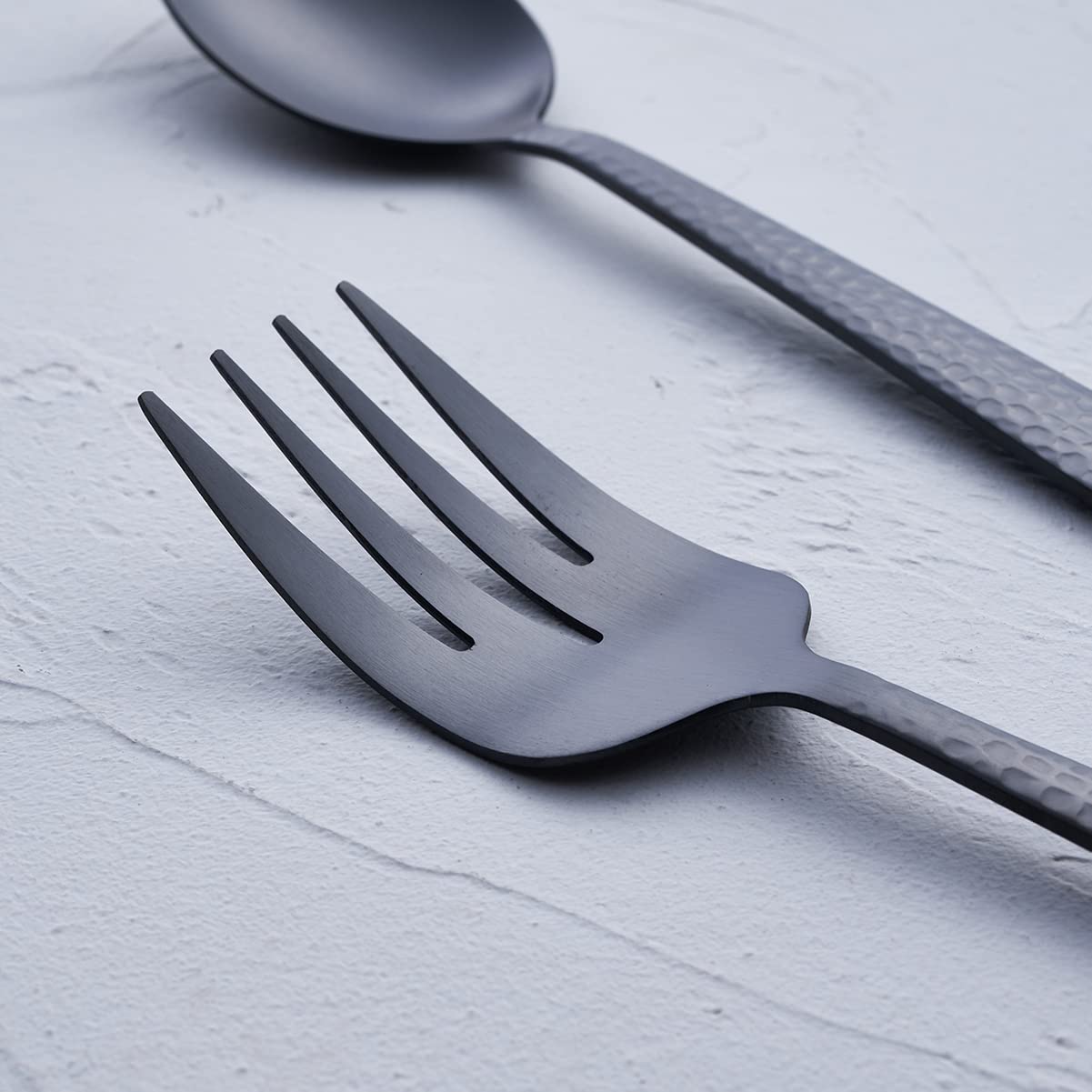 Fullyware Matte Black Serving Utensil Set, 9.5-Inch Stainless Steel Large Serving Spoon And Serving Fork, Satin Finish